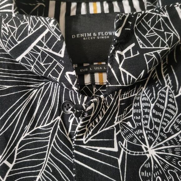 Denim & Flower Black and White Men's Rayon Casual Button Down Short Sleeve Shirt - Picture 8 of 15